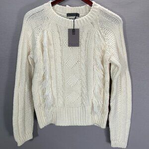 Elsamanda Sweater Womens Small White Cable Knit Fringe Wool Alpaca Italy NEW
